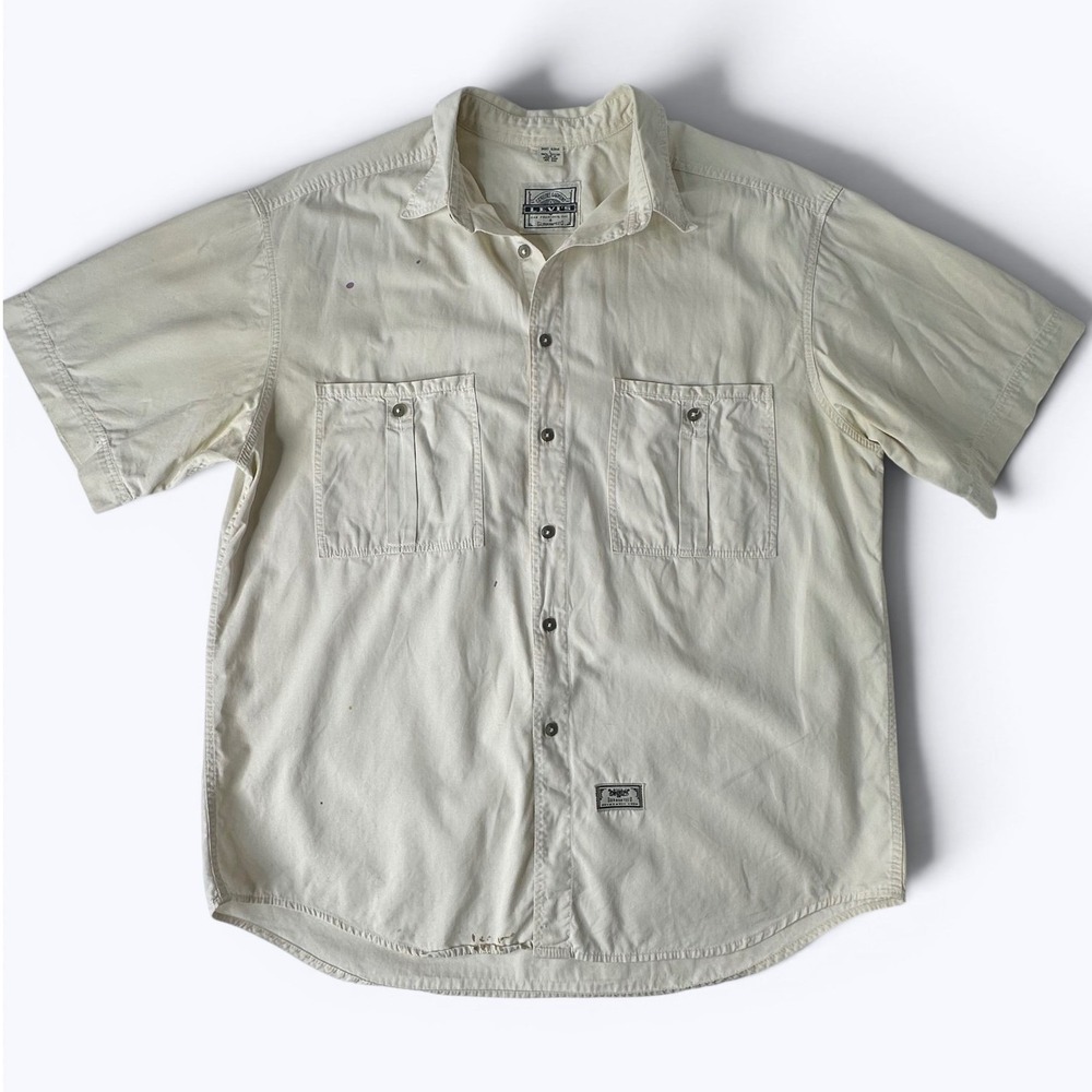 Vtg 90s Levis Short Sleeve Work Shirt Distressed Thrashed Stained Hong Kong Sz L